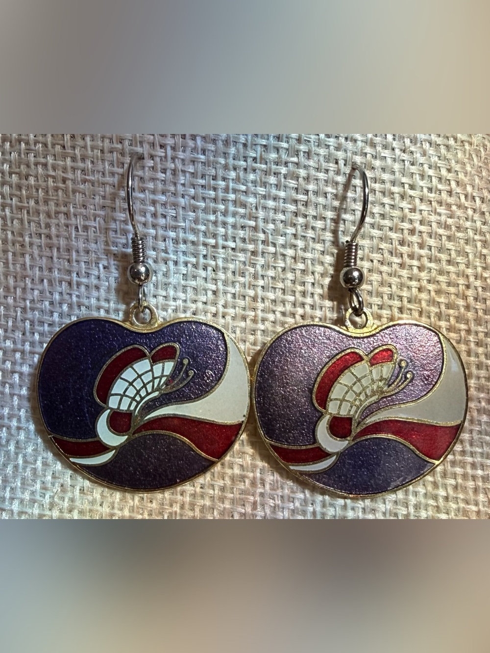 Cloisonné Purple Red Heart Butterfly Drop Vintage Earrings w/Gold Tone Backing